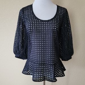 CLUB MONACO Black Eyelet Peplum Top, Size XS